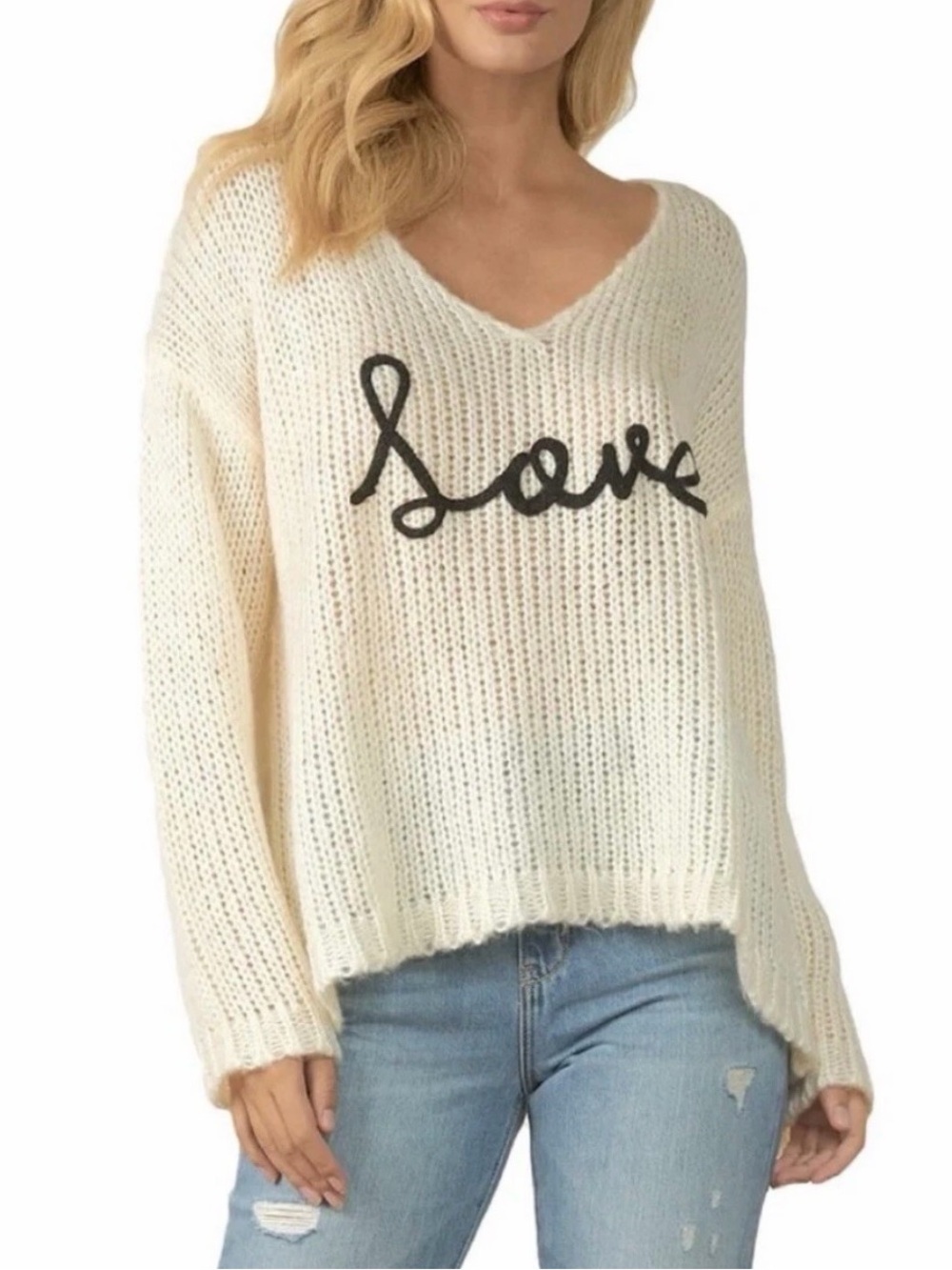 Elan Cream V-Neck Knit Sweater with Script Detail
